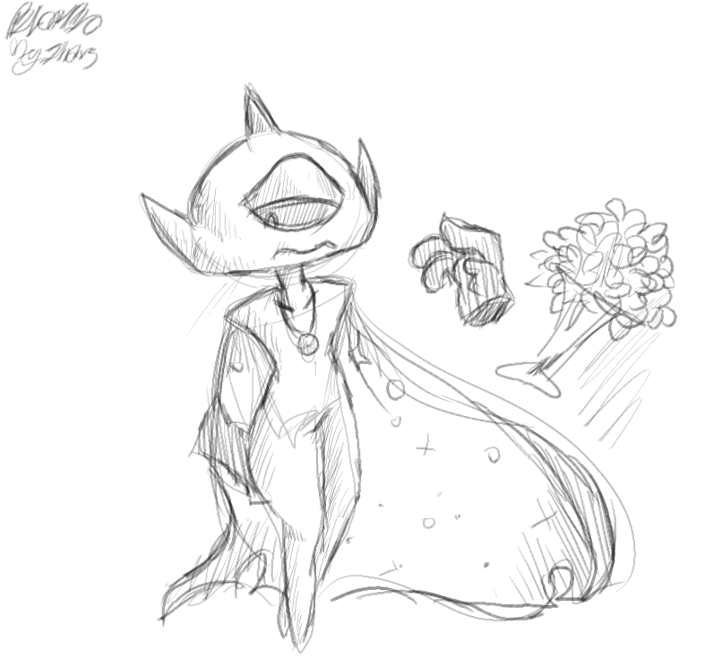 A pencil drawing of Apollo Elvine. His eye is more lemon-shaped, his figure is slim and curvy, and he has a bouquet of flowers beside him, hovering.